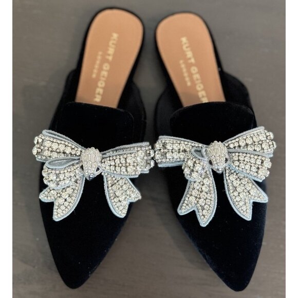 Kurt Geiger 37 / US 7 London Crystal Embellished Mule Black Velvet Flat Slip On - Picture 2 of 14